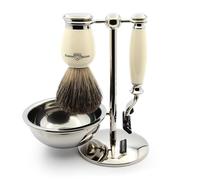 Edwin Jagger S81M587BAMZ Set Da Barba Classico In Finto Avorio E Nichel Con Pennello Da Barba In Puro Tasso, Rasoio Mach 3 E Ciotola Per Crema Da Barba O Sapone Da Uomo