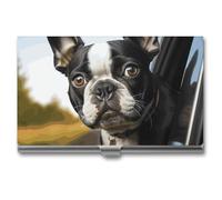 Eekstdbn Custodia per biglietti da visita Boston Terrier con cucciolo di cane, per donne o uomini, con chiusura a scatto, porta nome, porta carte di credito, per riunioni di lavoro