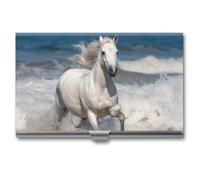 Eekstdbn Custodia per biglietti da visita con cavallo bianco che corre sul mare, per donne o uomini, chiusura a scatto, porta nome, porta carte di credito, per riunioni di lavoro