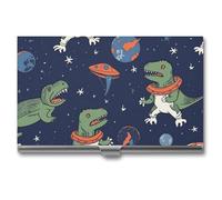 Eekstdbn Divertente custodia per biglietti da visita a forma di razzo con astronauta e dinosauro, per donne o uomini, con chiusura a scatto, portatile, porta carte di credito, per riunioni di lavoro