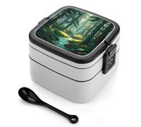 Eekstdbn Enchanted Wilderness Fantasy on Dark Green Bento Box a doppio strato, a prova di perdite, con manico, include cucchiaio impilabile, contenitore per il pranzo Bento per mangiare fuori, lavoro