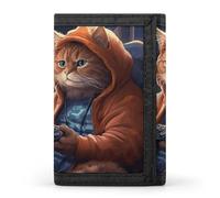 Eekstdbn Fat Cat Playing Games Portafoglio a tre ante, porta carte e denaro Oganizer sottile elegante mini portamonete con cerniera tasca portamonete per uomini e donne