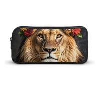 Eekstdbn Leone africano che indossa un fiore sulla sua testa astuccio per cancelleria da ufficio organizer semplice robusta chiusura a cerniera astuccio portatile borsa multiuso da viaggio per ufficio