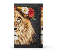 Eekstdbn Leone africano che indossa un fiore sulla sua testa portafoglio trifold porta carte e denaro Oganizer sottile elegante mini portamonete con cerniera tasca portamonete credito per uomini e