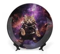 Eekstdbn Piatto decorativo in porcellana Bone China, 15,2 cm, motivo: gatto nello spazio, piatti piani in ceramica ornamenti in ceramica per decorazione da parete Artigianato in porcellana per la