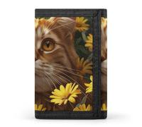 Eekstdbn Portafoglio a tre ante con gatto e fiori gialli, porta carte e denaro Oganizer sottile elegante mini portamonete con cerniera tasca portamonete per uomini e donne