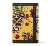 Eekstdbn Portafoglio a tre ante con pigne e mirtilli rossi, porta carte e denaro Oganizer sottile elegante mini portamonete con cerniera tasca portamonete per uomini e donne