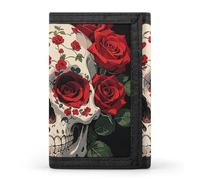Eekstdbn Portafoglio a tre ante con scheletro di rose rosse, porta carte e portamonete, sottile ed elegante, mini portamonete con cerniera, tasca portamonete per uomini e donne