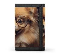 Eekstdbn Portamonete con cane della Pomerania che indossa occhiali a tre pieghe, porta carte e denaro, sottile ed elegante, mini portamonete con cerniera, tasca portamonete, per uomini e donne