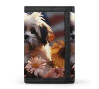 Eekstdbn Shih Tzu - Portafoglio a tre ante con cane e fiori, porta carte di credito e portamonete, sottile ed elegante, mini portamonete con cerniera, tasca portamonete per uomini e donne