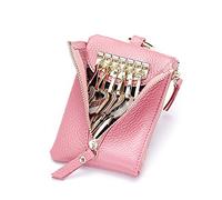 EEKUY Portachiavi da donna in pelle di mucca, portatile, a doppio strato, con cerniera, portamonete, porta monete, 6 chiavi ordinarie, 12,4 x 8,9 x 1,5 cm, rosa