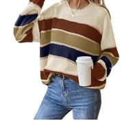EELMSJKK Maglione da Donna a Righe a Contrasto con Spalle scese, Maglione Autunnale a Strati, Taglie dalla S alla 5XL, Fino a 105 kg (Beige,L)