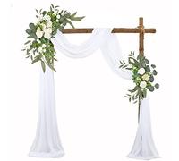 EESLL Kit di fiori artificiali per arco di nozze (confezione da 3), 2 pezzi di rosa bianca con 1 pezzo di tessuto bianco trasparente drappeggiato floreale festoni per decorazione