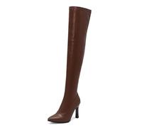 Eestfy Donne sopra Il Ginocchio Alto Tacco Stivali Pelle Sintetica Punta Affusolata Zip Laterale Tacco Stiletto per Discoteca Feste,Marrone,36 EU