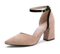 Eestfy Eleganti Scarpe con Tacco a Blocco in Suède Due Toni Punta Aguzza Cinturino Caviglia Scarpe da Sposa Tacchi Eleganti D'Orsay per Ricevimento di Matrimonio e Festa Cocktail,Apricot,43 EU