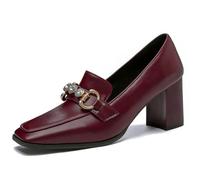 Eestfy Mocassini Donna Punta Quadrata Tacco Largo in Pelle PU Facili da Indossare Dettaglio Catena Cristallo Metallica Comodi per Ufficio,Rosso,34 EU