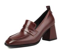 Eestfy Mocassini Donna Tacco Medio Grosso Punta Quadrata Slip-On Scarpe da Lavoro Ufficio Classiche Eleganti Comode Tutto Il Giorno,Marrone,37 EU