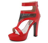 Eestfy Sandali con Piattaforma Stile Europeo Tacco A Blocco Massiccio Mesh Ritaglio Punta Aperta Cinturino alla Caviglia Tacchi Alti di Moda per Vacanza E Outfit Estivo,Rosso,40 EU