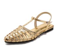 Eestfy Sandali Romani Donna Design Vintage A Gabbia con Borchie Scarpe Basse A Punta Cinturino A T con Fibbia Calzature Estive per Abbigliamento da Resort E Vacanze al Mare,d'oro,39 EU