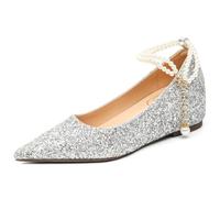 Eestfy Scarpe da Sposa con Doppio Cinturino di Perle Zeppa Interna 5cm Décolleté Luccicanti a Punta per Cerimonie e Cocktail,Argento,40 EU