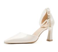 Eestfy Scarpe da Sposa Donna con Catena di Perle a Punta Tacco Largo per Matrimonio e Ricevimento Décolleté Eleganti in Vernice per Damigella,Beige,42 EU