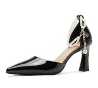 Eestfy Scarpe da Sposa Donna con Catena di Perle a Punta Tacco Largo per Matrimonio e Ricevimento Décolleté Eleganti in Vernice per Damigella,Nero,35 EU