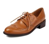 Eestfy Scarpe Oxford Classiche Donna Wingtip Tacco a Blocco Robusto Allacciatura Punta Tonda Brogues per Ricevimento di Matrimonio e Incontro d'Affari Perforate,Giallo,35 EU