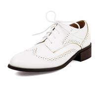 Eestfy Scarpe Oxford da Donna Tacco Grosso Tacco Basso Design Brogue Wingtip con Lacci Stile Vintage Pelle Multicolore Punta Tonda Classica Basse per Ufficio o Quotidiano,Bianca,41 EU