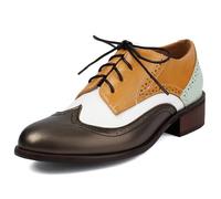 Eestfy Scarpe Oxford da Donna Tacco Grosso Tacco Basso Design Brogue Wingtip con Lacci Stile Vintage Pelle Multicolore Punta Tonda Classica Basse per Ufficio o Quotidiano,White Yellow,36 EU