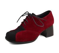 Eestfy Scarpe Oxford in Pelle Scamosciata Due Toni retrò per Donna Tacco a Blocco Punta Quadrata Allacciatura Scarpe con Tacco Vestito Vintage per Autunno e Uso Quotidiano,Rosso,37 EU