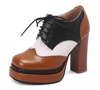 Eestfy Scarpe Oxford Platform Tricolore Donna Rosa Bianco Nero PU, Punta Quadrata, Tacco Alto a Blocco e Lacci per Ufficio, Quotidiano e Casual,Marrone,38 EU