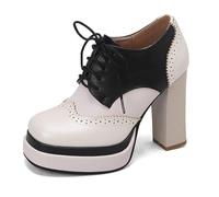Eestfy Scarpe Oxford Platform Tricolore Donna Rosa Bianco Nero PU, Punta Quadrata, Tacco Alto a Blocco e Lacci per Ufficio, Quotidiano e Casual,Bianca,39 EU