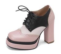 Eestfy Scarpe Oxford Platform Tricolore Donna Rosa Bianco Nero PU, Punta Quadrata, Tacco Alto a Blocco e Lacci per Ufficio, Quotidiano e Casual,Rosa,40 EU