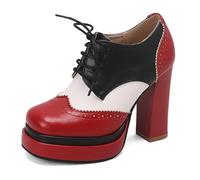 Eestfy Scarpe Oxford Platform Tricolore Donna Rosa Bianco Nero PU, Punta Quadrata, Tacco Alto a Blocco e Lacci per Ufficio, Quotidiano e Casual,Rosso,41 EU