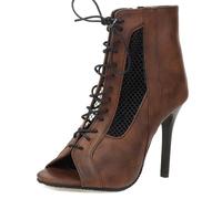 Eestfy Stivaletti alla Caviglia con Punta Aperta per Donna Tacchi Alti A Spillo Stivaletti con Lacci Bocca di Pesce Svuotata Traspirante Scarpe da Festa E Prom Estive,Marrone,38 EU