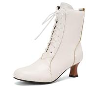 Eestfy Stivaletti alla Caviglia Stile Vittoriano Donna Punta Tonda Tacco a Blocco Massiccio Stivali Corti con Lacci Stivaletti da Sposa per Autunno e Ricevimento Serale,Bianca,50 EU