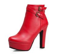 Eestfy Stivaletti con Platform da Donna Tacco Largo Alto Doppia Fibbia Stivali Moda per Lavoro Ufficio Abbigliamento Quotidiano Streetwear Viaggio,Rosso,41 EU