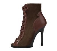 Eestfy Stivaletti Donna con Lacci E Punta Aperta in Pelle Marrone Tacco Alto A Spillo Cerniera Laterale Stile Combat Eleganti per Festa Sera Look Estivi,Red Brown (11cm),35 EU
