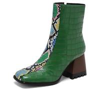 Eestfy Stivaletti Donna Punta Quadrata Cerniera Laterale Tacco A Blocco Spuntato Stivaletti Corti con Inserti in Pelle PU per Festa Cocktail E Uscita Informale,Verde,44 EU