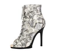 Eestfy Stivaletti Donna Punta Scoperta Allacciatura Caviglia Pelle Tacco Stiletto Alto Chiusura Laterale Cerniera Citta Strada Stile Moda Comfort,Greywhite Snake Print,36 EU