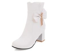 Eestfy Stivaletti Donna Punta Tonda Tacco a Blocco Stivali Corti con Fiocco Decorativo, Tocco di Cristallo e Cerniera Laterale per Serata Fuori e Festa Notturna,Bianca,36 EU