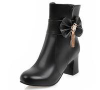 Eestfy Stivaletti Donna Punta Tonda Tacco a Blocco Stivali Corti con Fiocco Decorativo, Tocco di Cristallo e Cerniera Laterale per Serata Fuori e Festa Notturna,Nero,41 EU