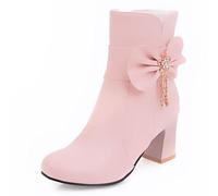 Eestfy Stivaletti Donna Punta Tonda Tacco a Blocco Stivali Corti con Fiocco Decorativo, Tocco di Cristallo e Cerniera Laterale per Serata Fuori e Festa Notturna,Rosa,35 EU