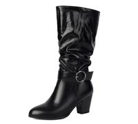 Eestfy Stivali al Ginocchio Donna Tacco a Blocco Spuntato Punta Tonda Stivali Lunghi in Pelle Similpelle con Dettaglio Fibbia Metallica per Camminate Invernali,Nero,38 EU