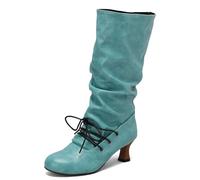 Eestfy Stivali al Polpaccio Vintage Donna in Pelle Similpelle Arricciata Allacciatura Anteriore Tacco Kitten Stile retrò Vittoriano Scarpe Autunnali,Verde,35 EU