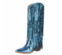 Eestfy Stivali con Frange Paillettes Metallizzati al Ginocchio Stile Western Punta A Punta per Festa Festival Danza Notte Club Sfilata Performance Outfit,Blu,39 EU