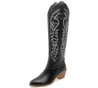 Eestfy Stivali Cowgirl Western da Donna al Ginocchio in Pelle PU con Ricami Punta A Punta Tacco Largo per Concerti Country E Street Style,Nero,48 EU