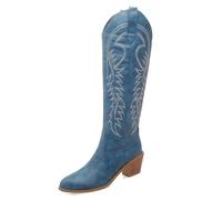 Eestfy Stivali Cowgirl Western da Donna al Ginocchio in Pelle PU con Ricami Punta A Punta Tacco Largo per Concerti Country E Street Style,Blu,49 EU