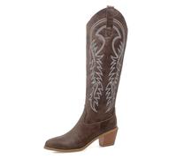 Eestfy Stivali Cowgirl Western da Donna al Ginocchio in Pelle PU con Ricami Punta A Punta Tacco Largo per Concerti Country E Street Style,Dark Brown,48 EU
