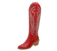 Eestfy Stivali Cowgirl Western da Donna al Ginocchio in Pelle PU con Ricami Punta A Punta Tacco Largo per Concerti Country E Street Style,Bright Red,37 EU